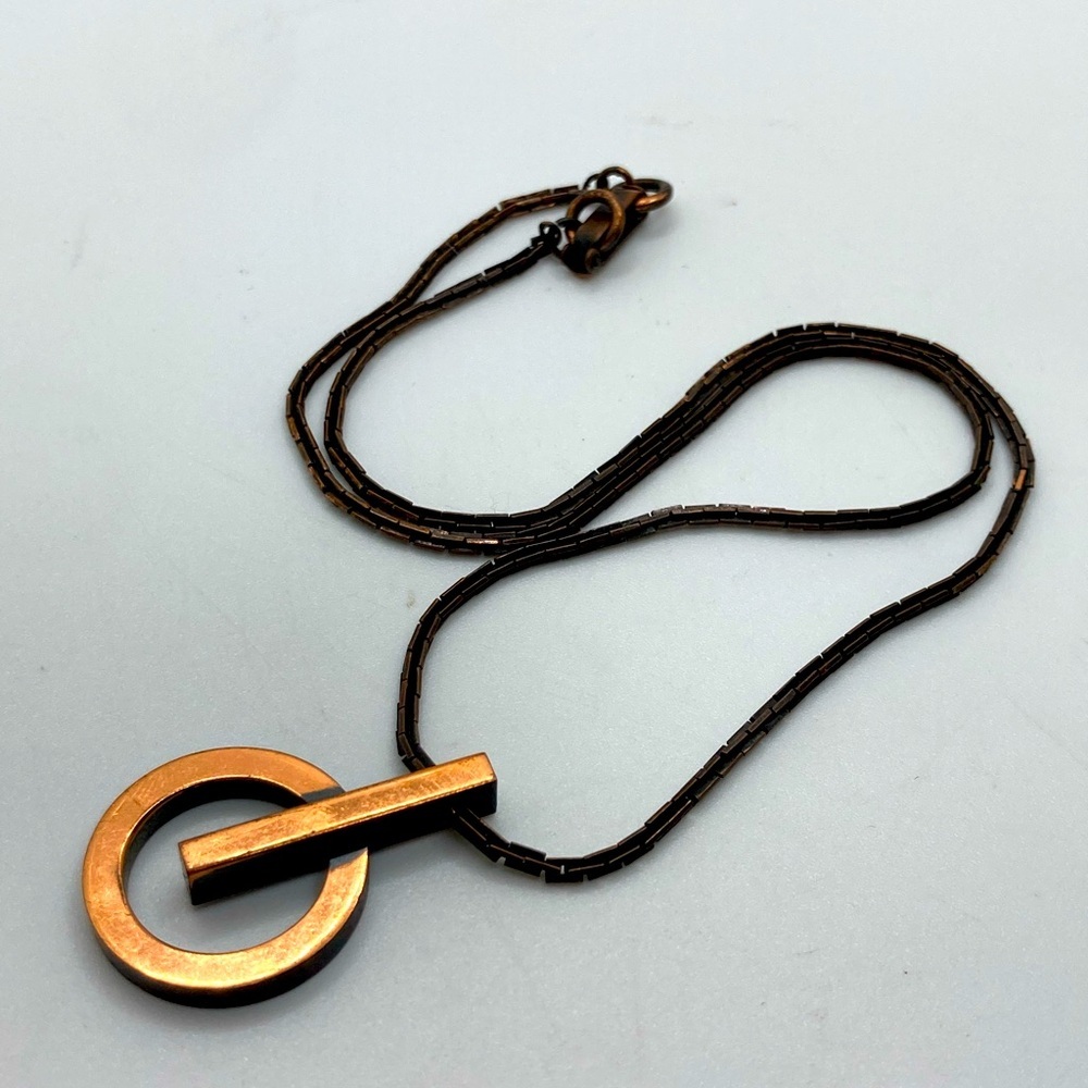 Vtg 70’s Solid Copper Geometric Modernist Circle Pendant Necklace 18” + 1.4”